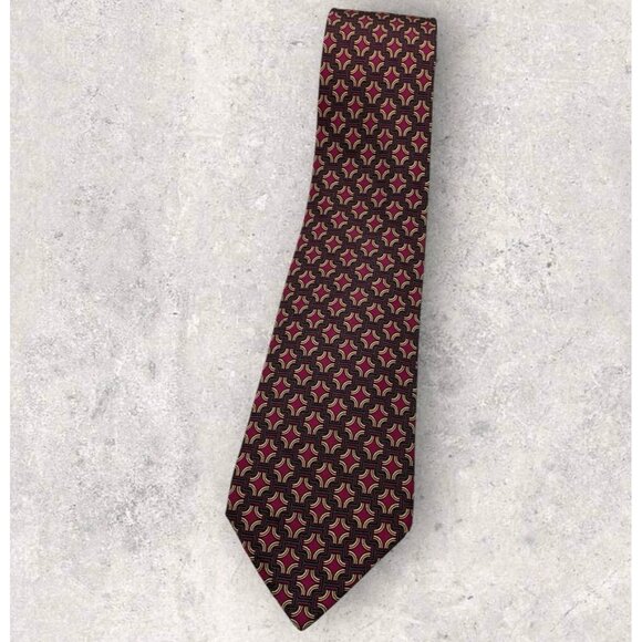 HERMÈS Silk Tie FRANCE 7331 EA Burgundy Green Geometric Monogram H W:3.4" EUC - Picture 1 of 6